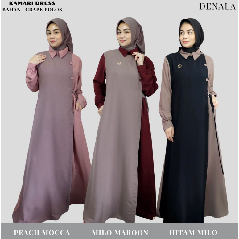 Denala - Kamari Dress Muslim Crape Polos Kerah Kancing Semi Outer