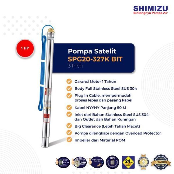 Pompa Celup Sumur 1 HP Shimizu Submersible Pump 3” SPG20-327K BIT dengan Kabel 50 Meter Pompa Sateli