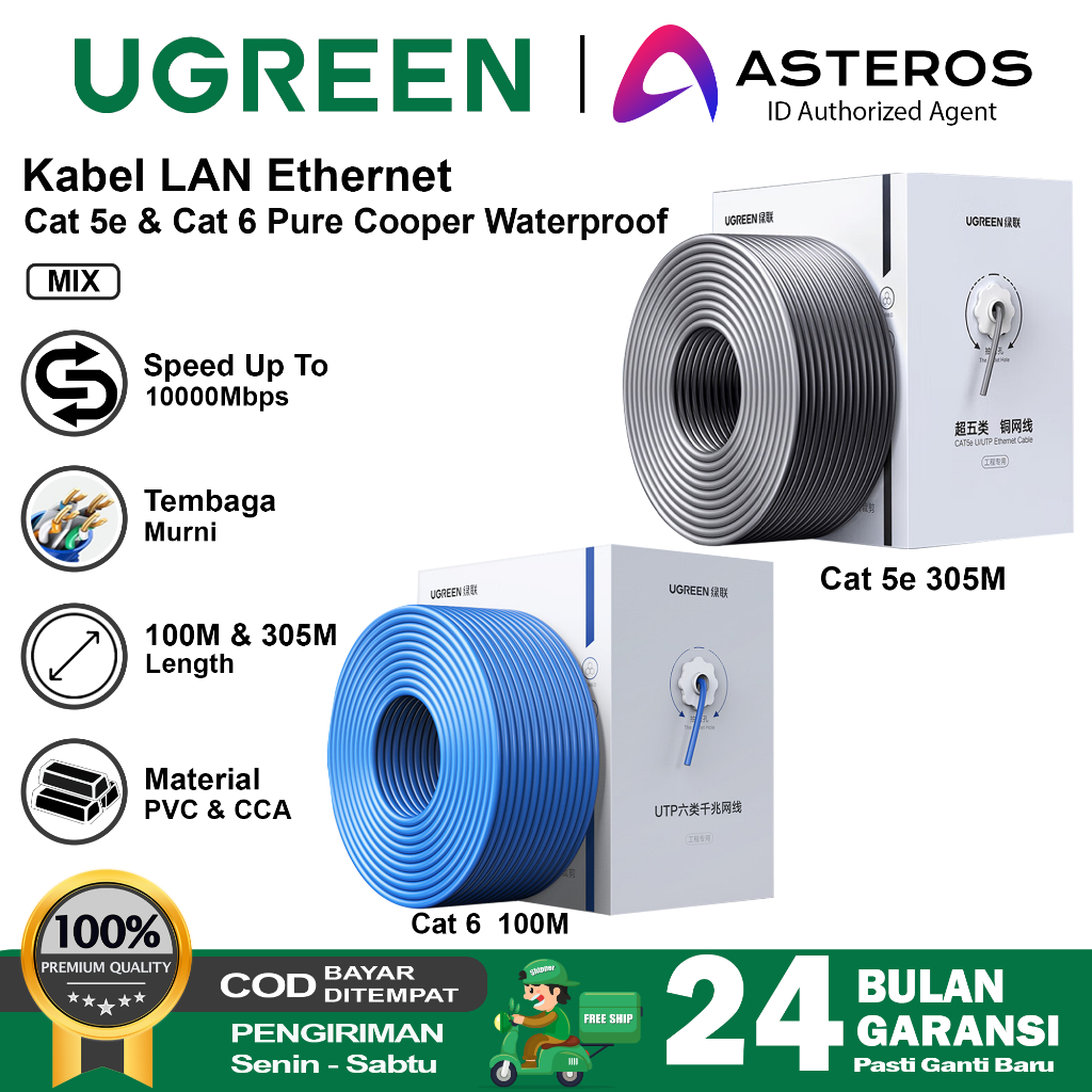 UGREEN Kabel LAN UTP CAT5e Cat6 Kabel Ethernet/Internet RJ45 Panjang 100M - 305M