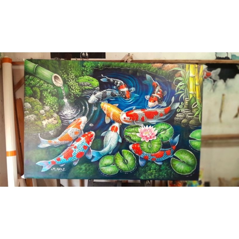 lukisan ikan koi akrilik on kanvas ukuran 1,5x1meter asli buatan tangan no print..