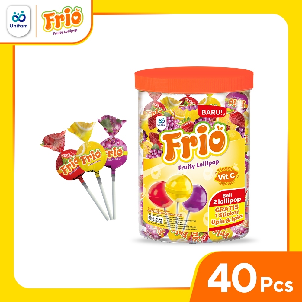 

Permen Frio Fruity Lollipop Tinggi Vit C ASSORTED JAR LOLLIPOP STRAWBERRY - LEMON - GRAPE ANEKA RASA 240GR (40PCS @6GR GRATIS STICKER UPIN & IPIN TOPLES