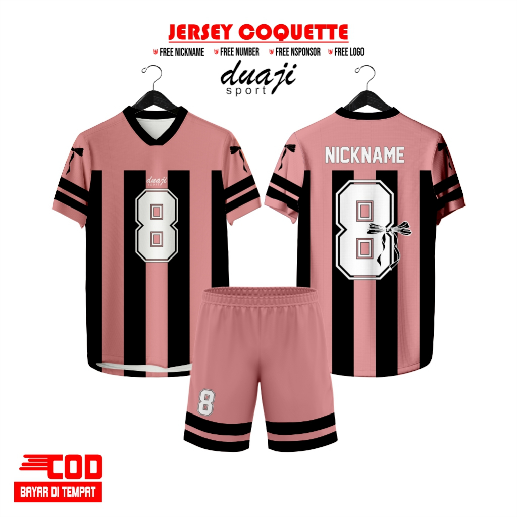 COQUETTE - RIBBON PINK HITAM KOREAN TERBARU FULL PRINTING / JERSEY VOLY / FUTSAL / TENIS CUSTOM NAMA