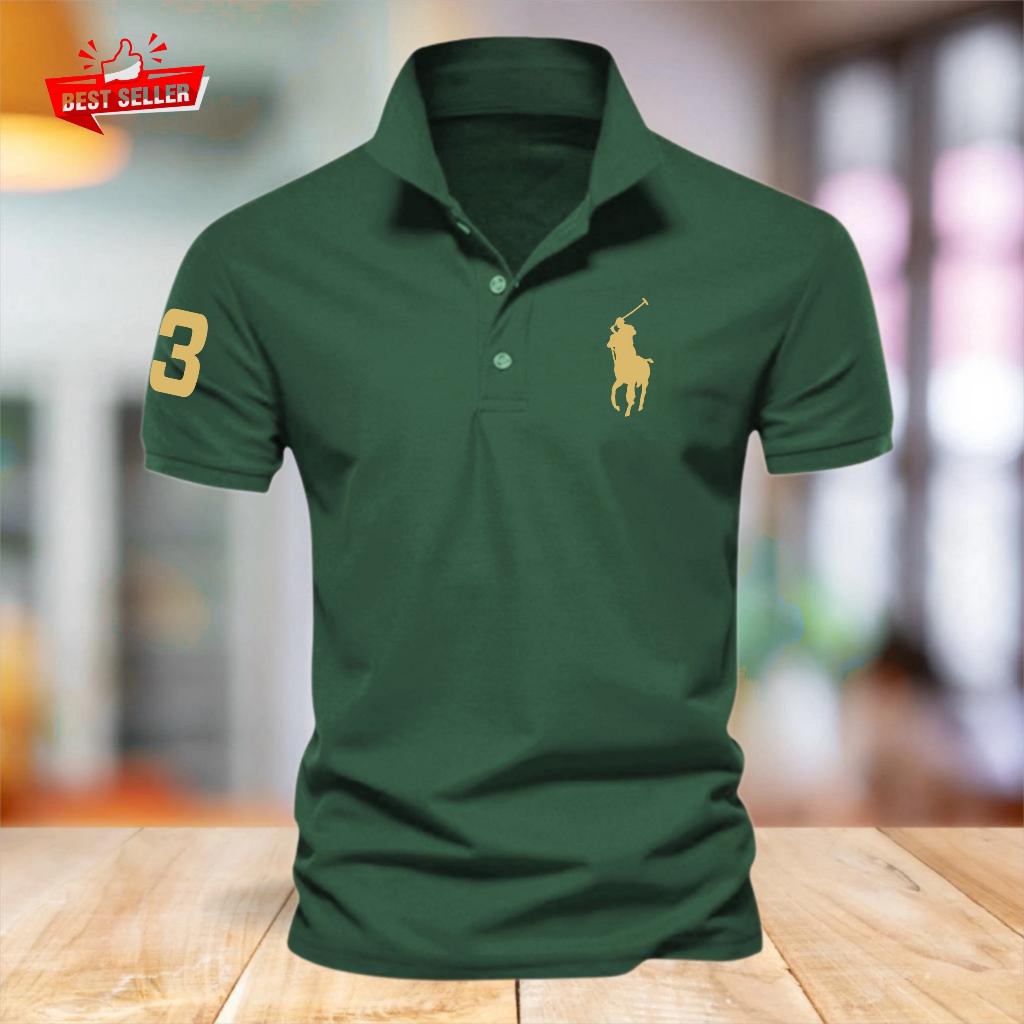 COD T-shirt Kaos Polo Kerah KUDA 3 Text GOLD Baju Polo Motif Giordano 8 Quality Premium Bahan Pique,