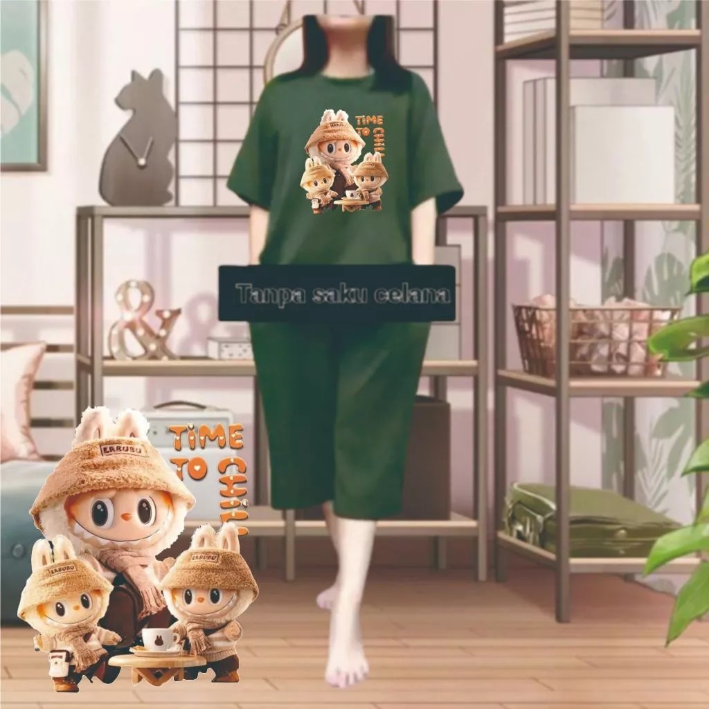 Setelan Wanita One Set Kulot Jumbo Kaos Atasan Baju Oversize Celana Kulot Motif Labubu Time To Chill