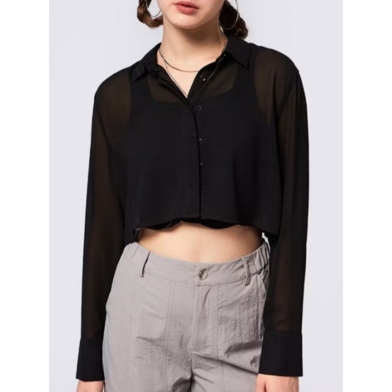 (NEW) COLORBOX long sleeve cropped sheer blouse | blus hitam transparan
