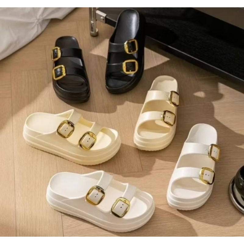 Sandal Selop Wanita Sandal Wedges Ban Dua Gesper Emas Gosome 8912M Size 36-41