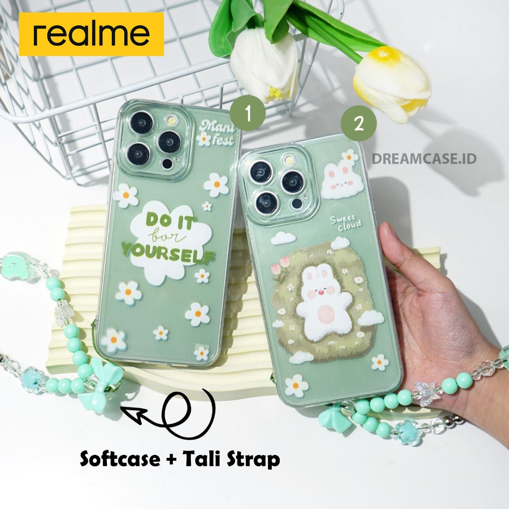 [TP-11] Softcase Clear Bening + Tali Strap Hijau Mint Motif Aesthetic Lucu FOR REALME C53 C51S C33 C