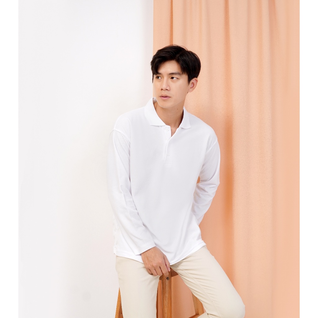 Polo Polos Putih Panjang - Polo Putih Polos - Kaos Kerah Lengan Panjang warna putih - kaos kerah - K