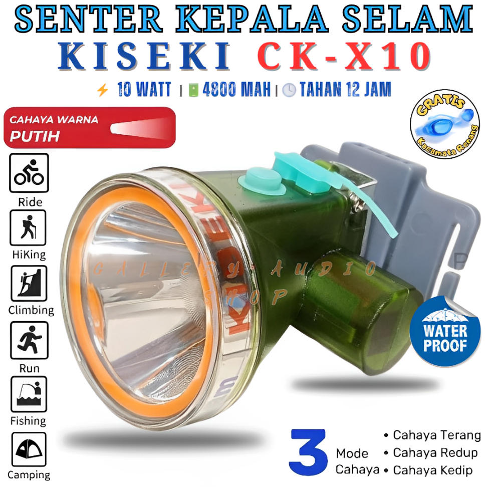 Senter Kepala Selam KISEKI CK-X10 Watt Anti Air | Senter LED Super Terang Cahaya Putih Waterproof Ba
