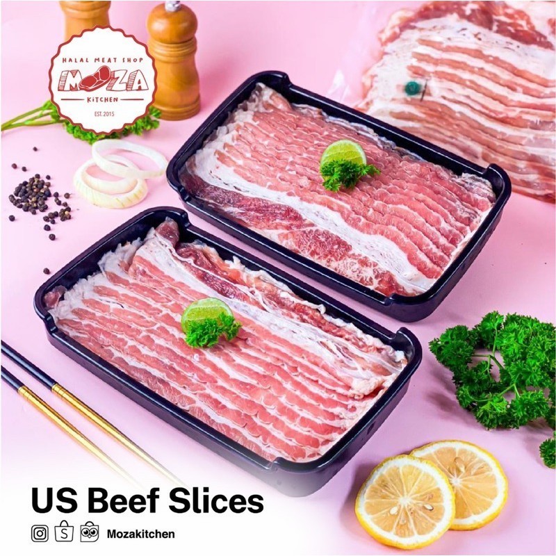

Mozakitchen Slice Beef US Shortplate | Daging Lapis Iris Shabu / Sukiyaki / Yakiniku / Yoshinoya - 250 gram