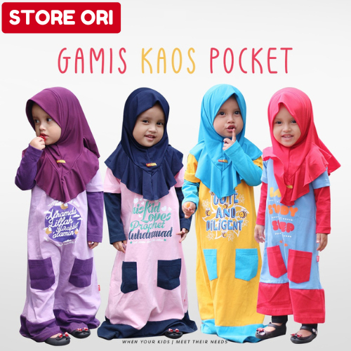 HOOFLA Gamis Kaos Pocket Baju Gamis Harian Cotton Combed 24s Pakaian Muslim Anak Perempuan 1-10 Th
