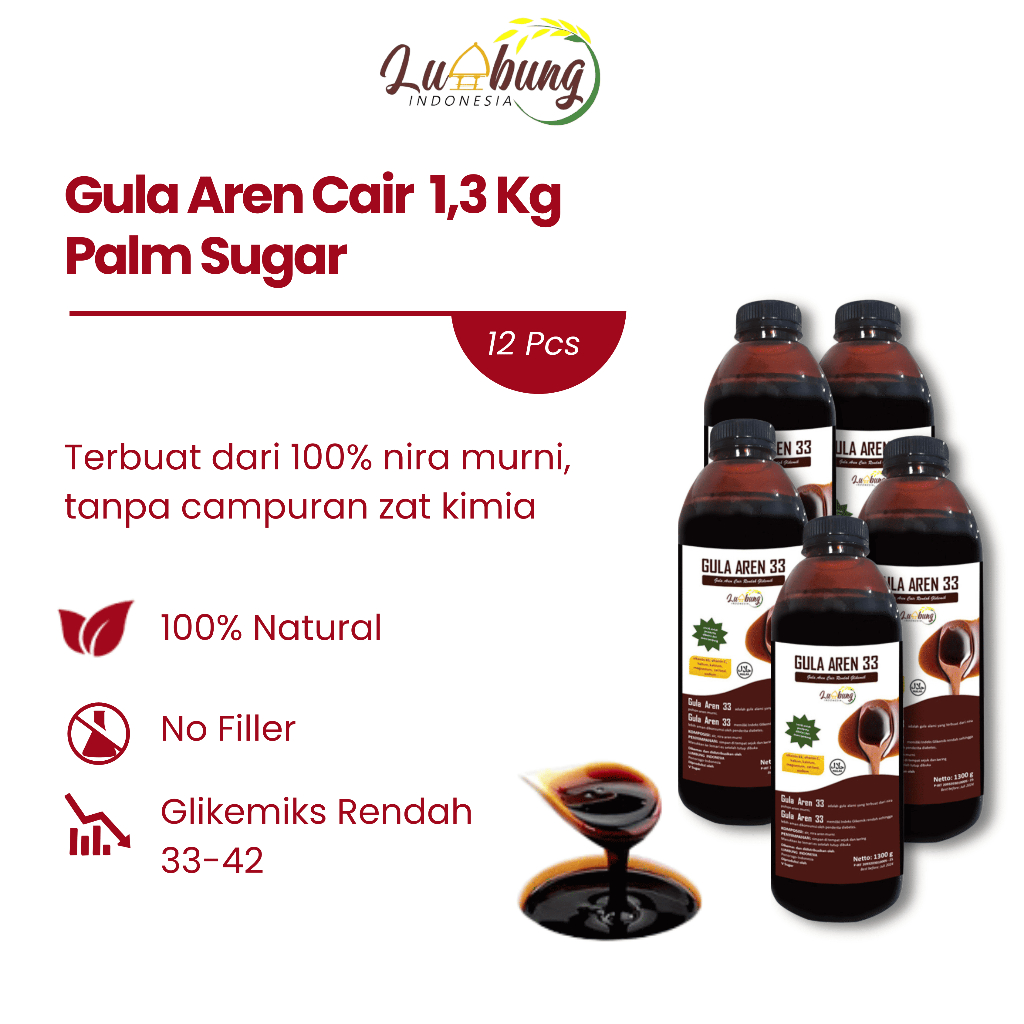 

(Paket Hemat 12 Pcs) Gula Aren 33 Cair Premium Palm Sugar Organik 1.3 kg, Low Gi/Halal MUI dan Murni/Recommended by Chef or Barista