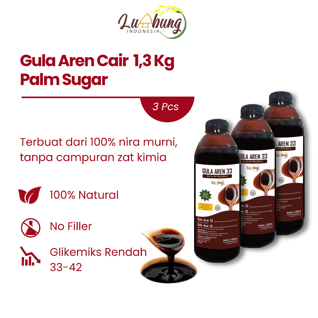 

(Paket Hemat 3 Pcs) Gula Aren 33 Cair Premium Palm Sugar Organik 1.3 kg, Low Gi/Halal MUI dan Murni/Recommended by Chef or Barista