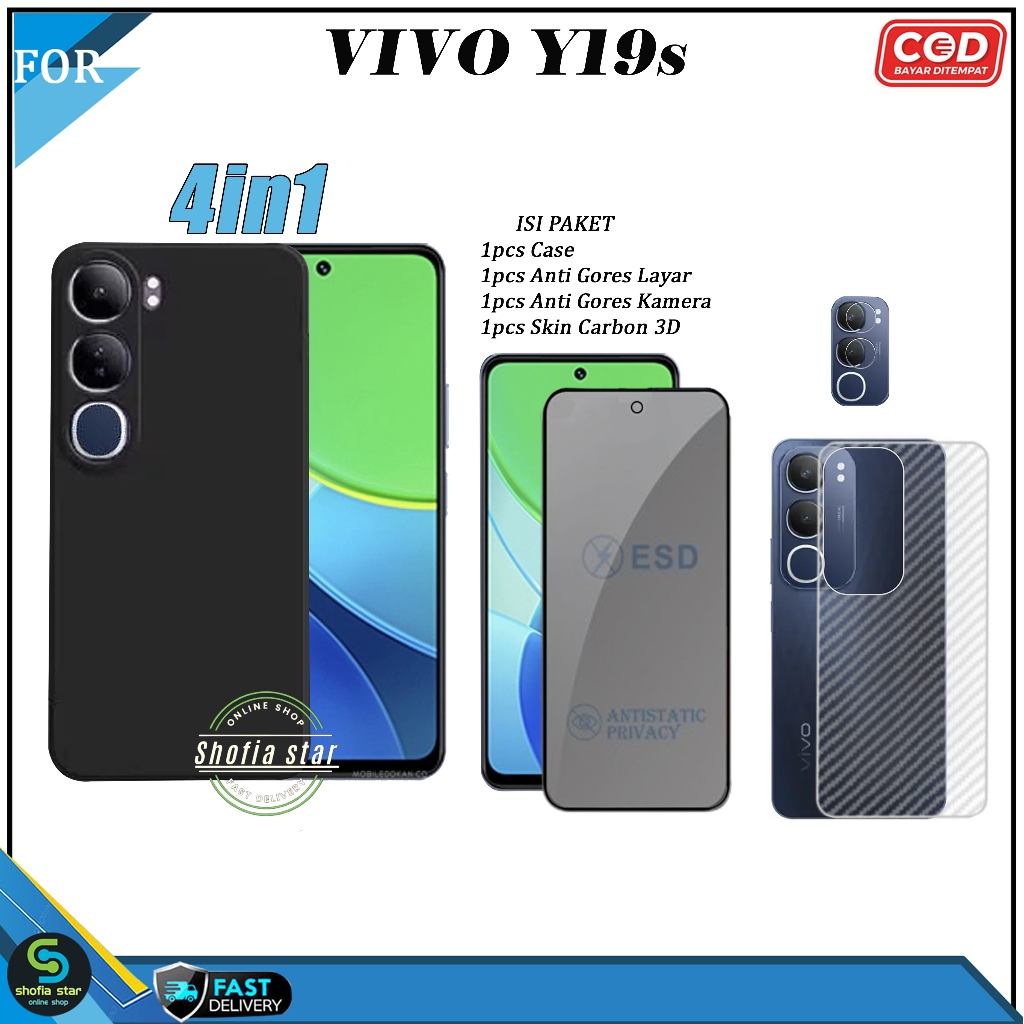 Promo Paket 4in1 Case Slim Tempered Glass Esd Spy Vivo Y19s Softcase Pro Black