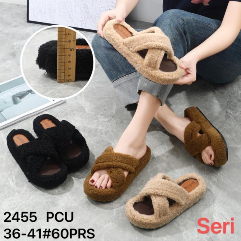 SANDAL WANITA 36-41 BULU BULU STRAP SILANG 5CM ANTI SLIP JELLY SHOES IMPORT YOUTH BALANCE 2455 CAMEL