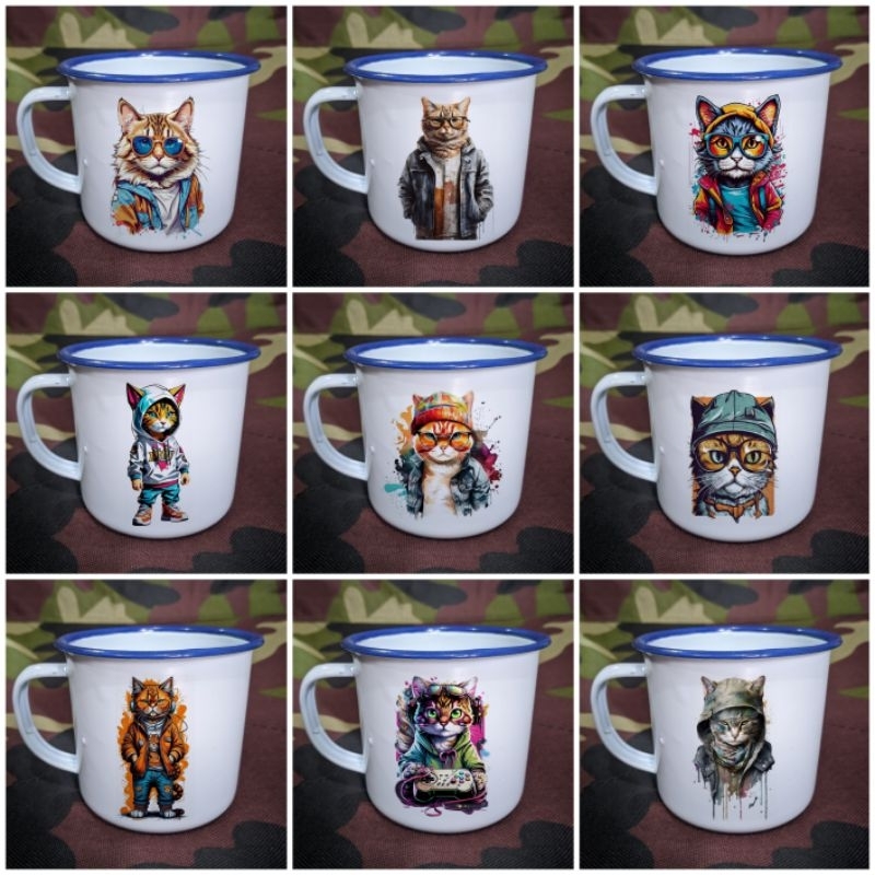 Cangkir Mug Enamel Decal Kucing Cat Lucu #30