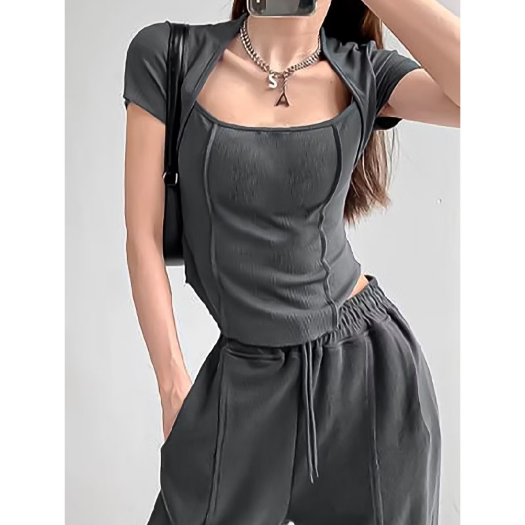 Square Neck Short Sleeve Crop Top Korean