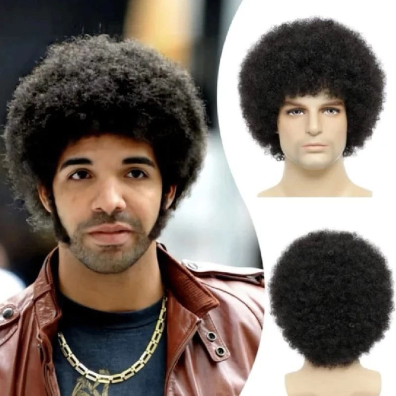 Wig Pria pendek model kribo warna hitam natural rambut palsu kribo brokoli kriting