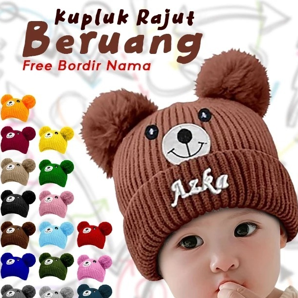 Kupluk Rajut Bayi Laki Laki Perempuan Kupluk Rajut Pompom Beruang Free Bordir Nama