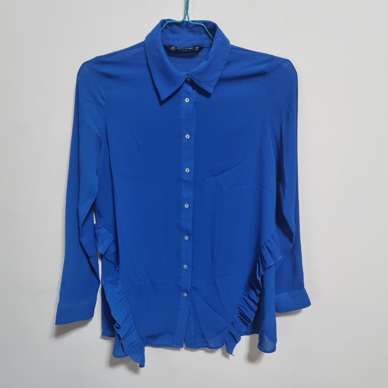Zara Royal Blue Unique Blouse - Kemeja Biru Bahan Jatuh (Preloved)
