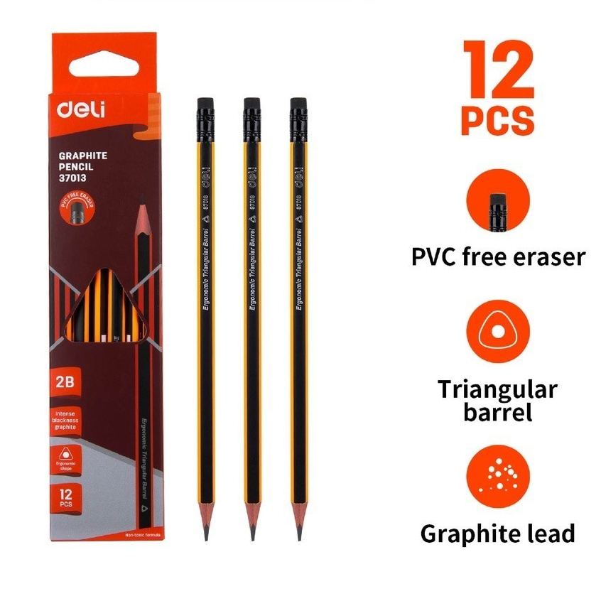 

DELI - E37013 Graphite Pencil 2B with eraser / Pensil grafit segitiga dengan penghapus φ8×188mm 1 pack isi 12