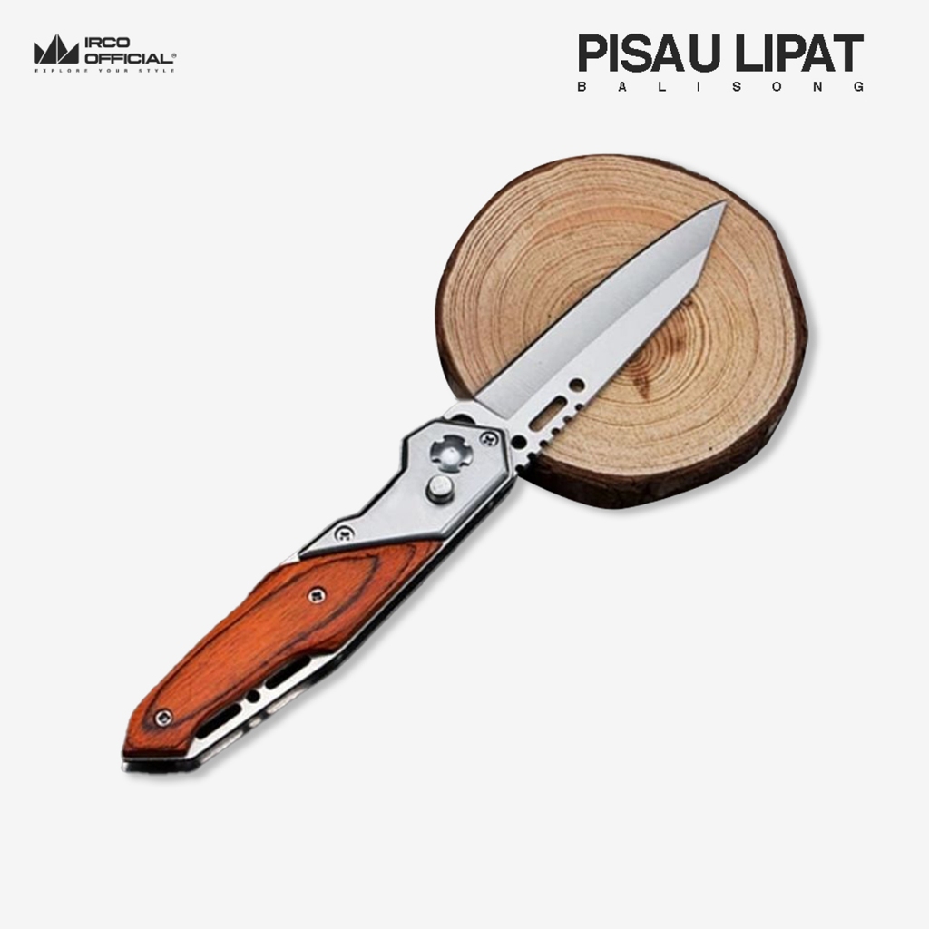 Pisau Lipat Stainless Steel dengan Gagang Kayu untuk Outdoor