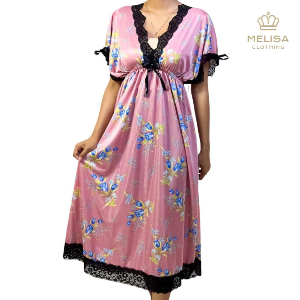 Melisacollection | Dress Panjang Wanita Motif Bunga Daster Lingerie Satin Adem Nyaman
