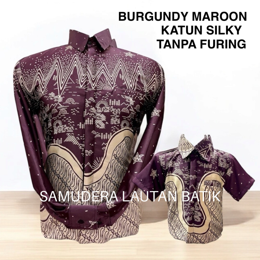 Batik Maroon, Katun SILKY TANPA FURING, Kemeja Batik Couple Ayah Anak Bahan Katun Silky Premium