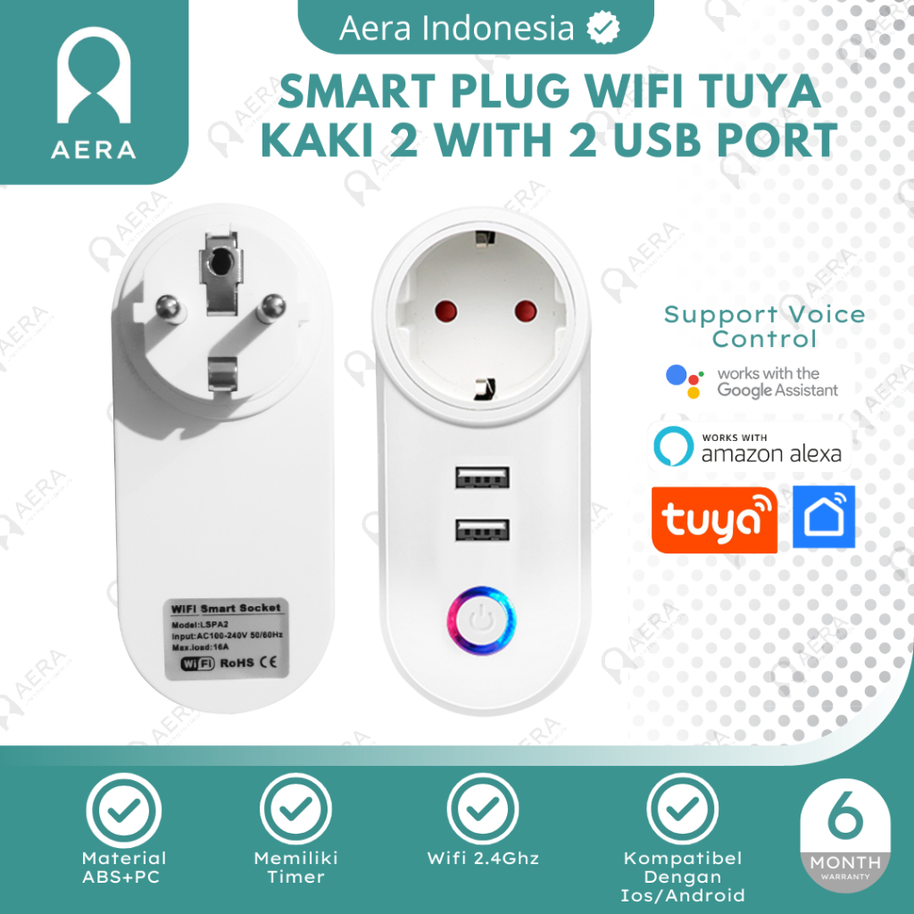 AERA Smart Plug Wifi Tuya Kaki  2 With 2 Usb Port | Oversteker Kaki 2 Tuya Smart Home Kaki 2 | Tuya 