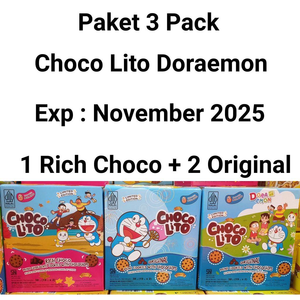 

PAKET 3 KOTAK Choco Lito Doraemon Mini Cookies with Chocochips 38 gram