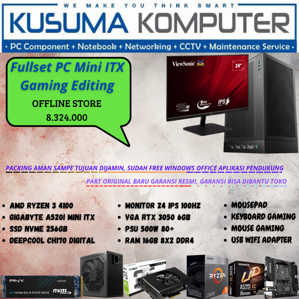 Full Set Fullset PC Gaming Mini ITX AMD RZEN 4100 RTX 3050 6GB MONITOR 24" 100HZ