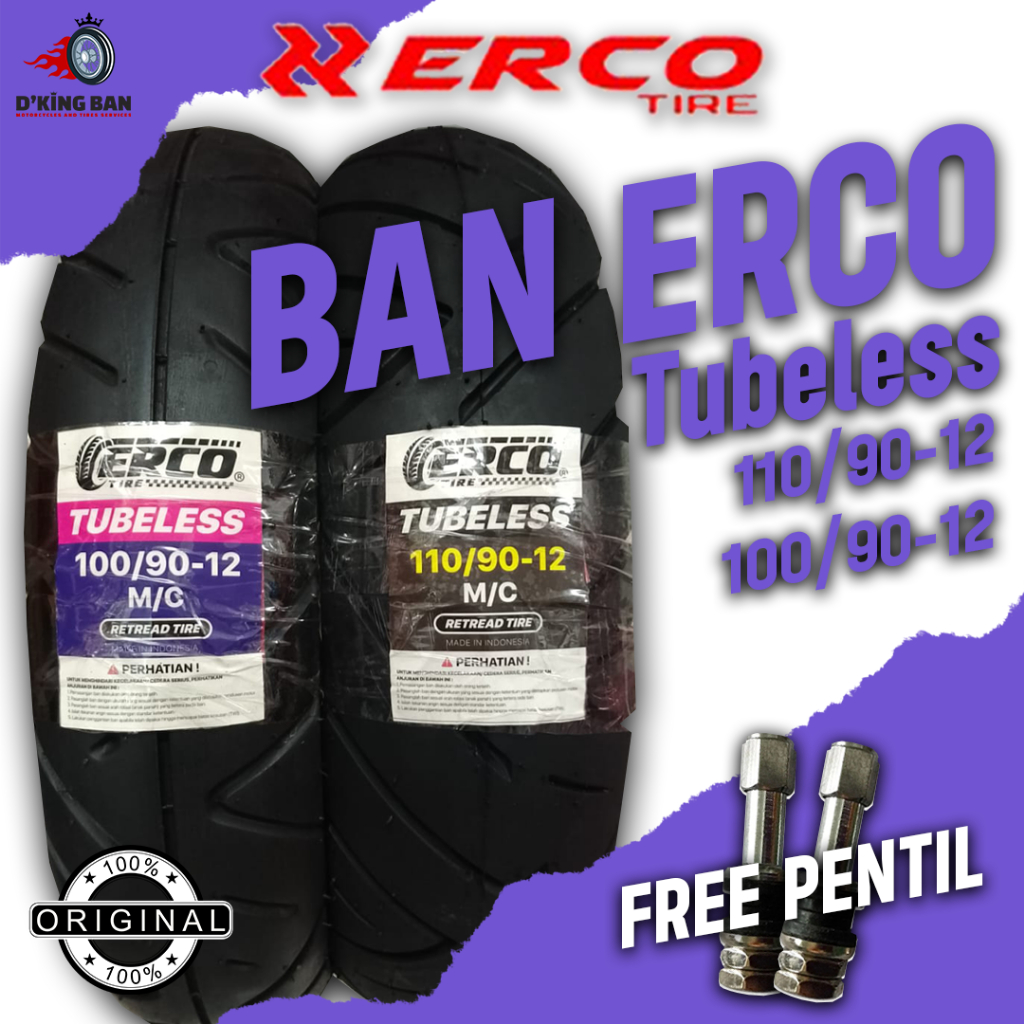 Sepaket Ban Motor Matic ERCO Ring 12 Tubeless 100/90-12 dan 110/90-12