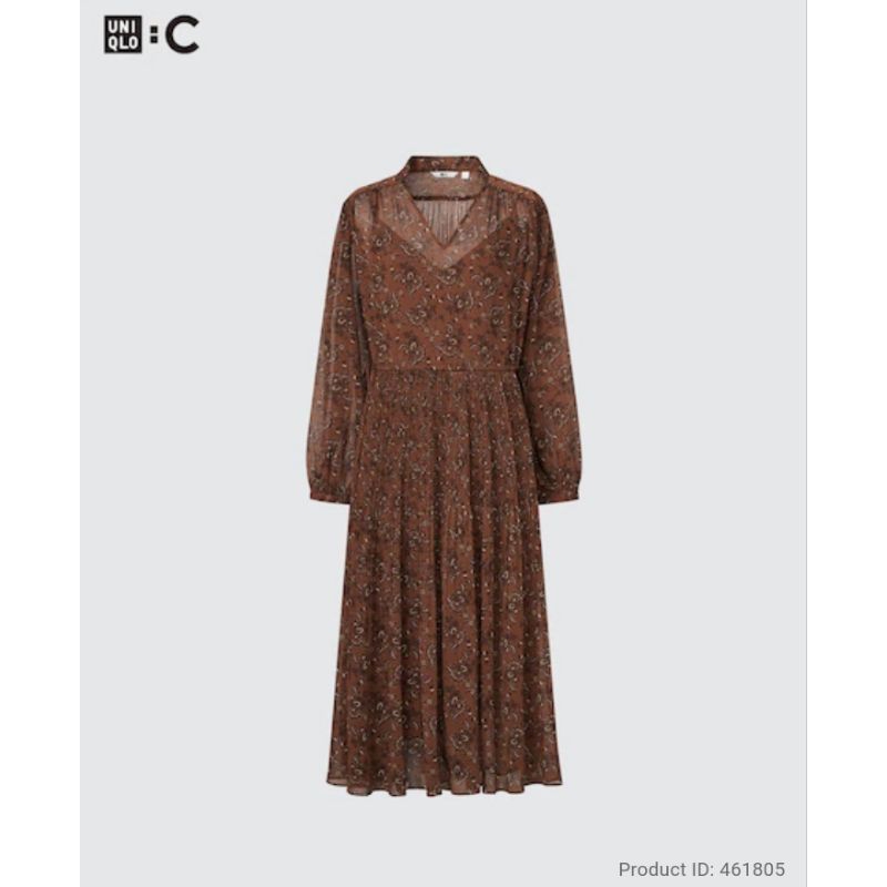 uniqlo : c printed chiffon pleated long sleeve dress brown XL