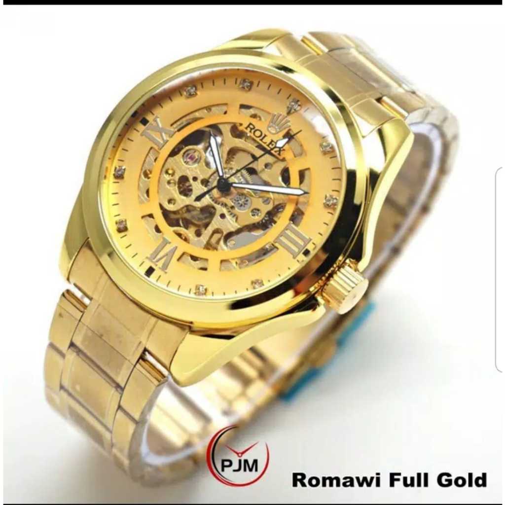 Jam Tangan Pria Rantai Automatic (Tanpa Baterai) Free Box Rantai Kuning