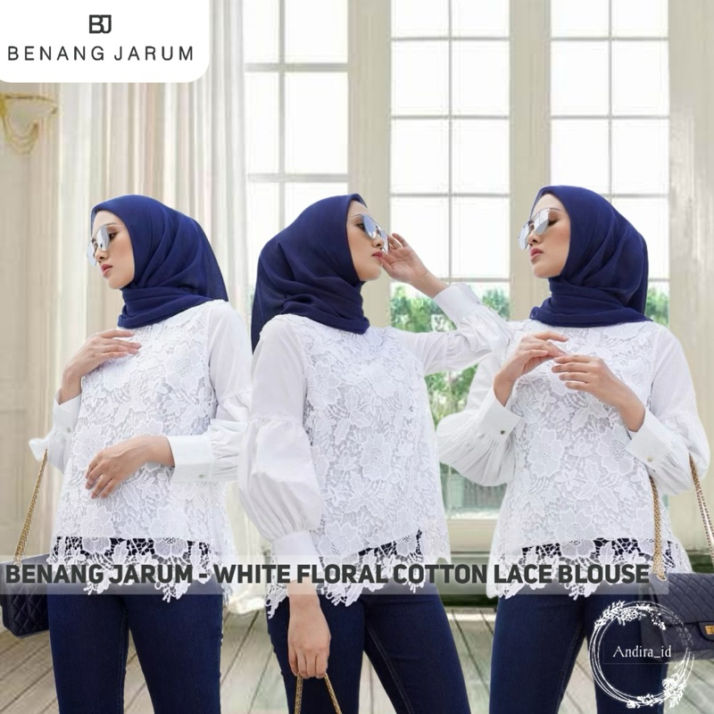 Benang Jarum - White Floral Cotton Lace Blouse El Mar Minorca Shirt with Belt - Navy