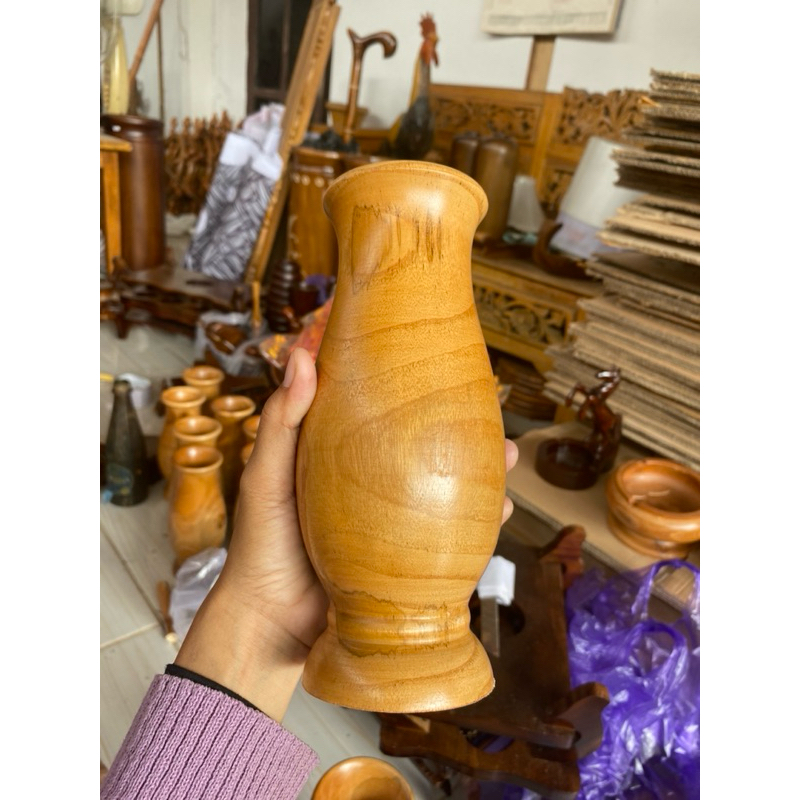 vas bunga kayu jati warna plitur natural/vas meja/dekorasi meja