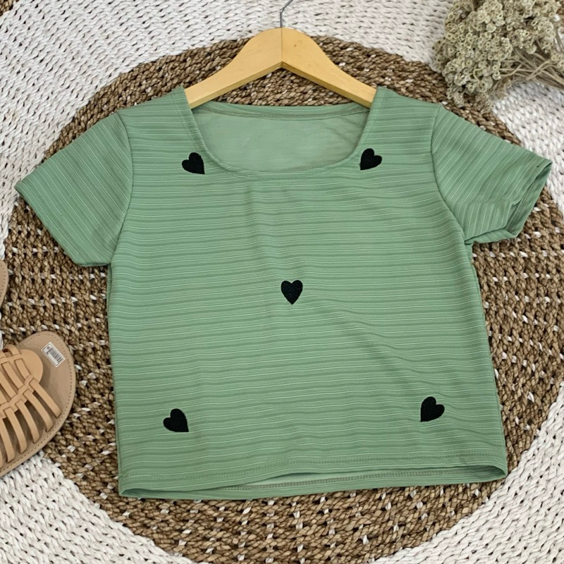 015-Atasan Knit crop hijau sage motif love Wanita Baju Top Kaos Cewekk