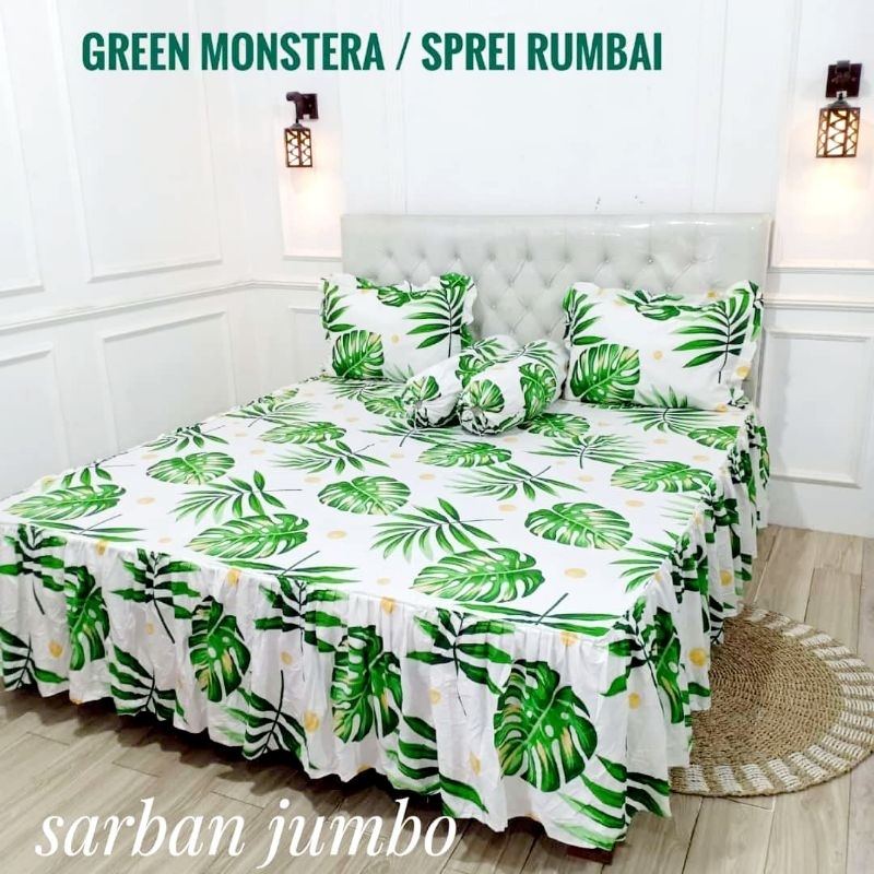 BISA COD SPREI RUMBAI GREEN MOSTERA ESTETIK HIJAU PUTIH X 200 SEPREI MOTIF BUNGA SPRAI RUMBAI UKURAN