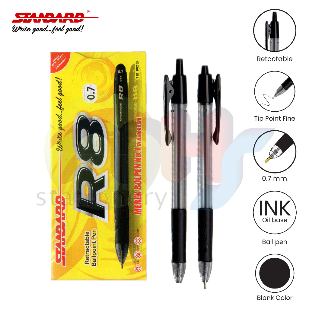 

STANDARD Bolpoin Pulpen Ballpoint Semi Gel Pen Pena R8 0.7mm 1 Box 12 Pcs