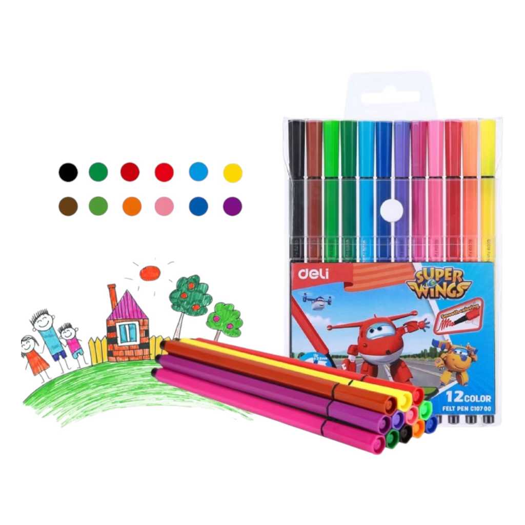 

DELI - Felt Pen Spidol 12 Warna EC10700 Super Wings Bentuk Hexagonal