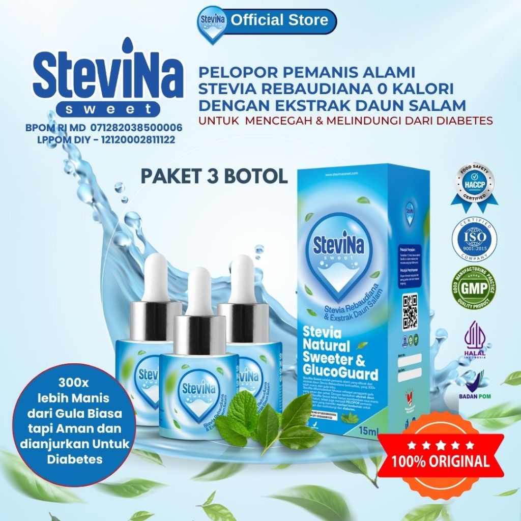 

Stevina sweet Pelopor Pemanis Stevia Plus Herbal Daun salam untuk Mencegah & melindungi dari Diabetes Kemasan 15ml Paket 3 Botol