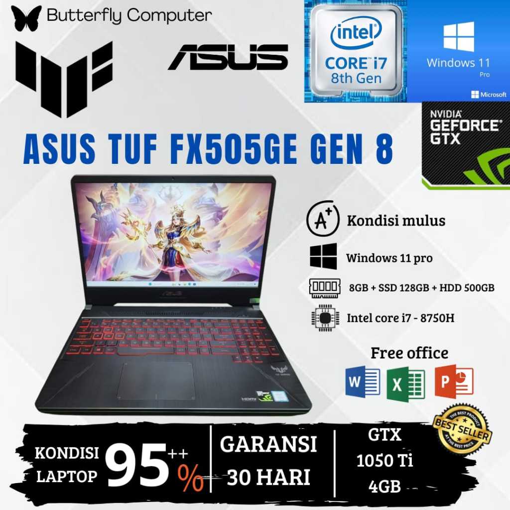 Laptop GAMING ASUS TUF FX505GE Core i7 Gen 8 - RAM 8GB + SSD 128GB + HDD 500GB - Nvidia GTX 1050 Ti 