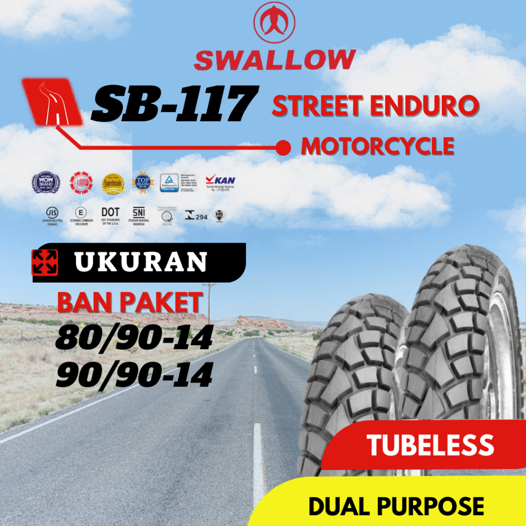 PAKET BAN LUAR SEPEDA MOTOR SWALLOW SB-117 STREET ENDURO 80/90 90/90 RING 14 TUBELESS BEAT VARIO 125