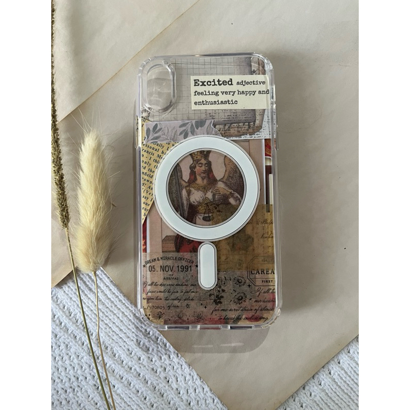 book journal vintage aesthetic case iphone XR (clear case + kertas DIY vintage aesthetic)