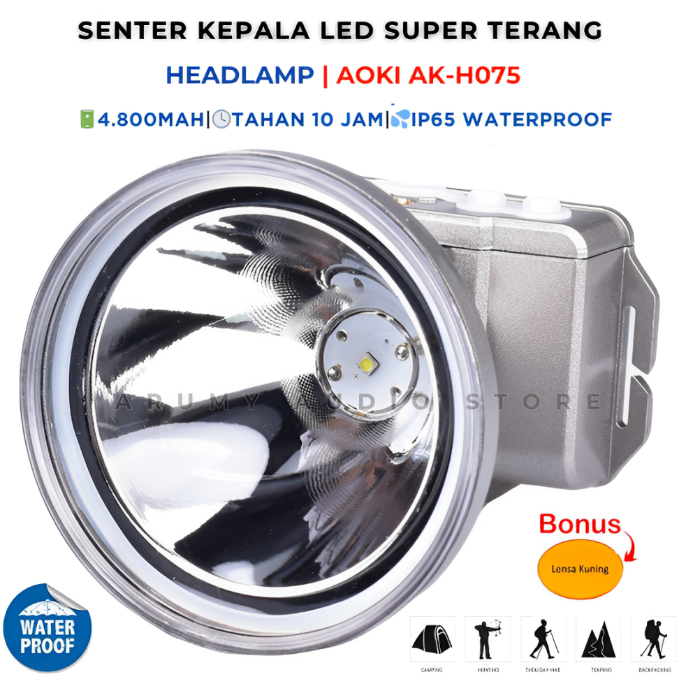 Senter Kepala Headlamp Led Aoki Ak H075 | Senter Kepala Led 75w - Senter Kepala Anti Air Jarak Jauh 