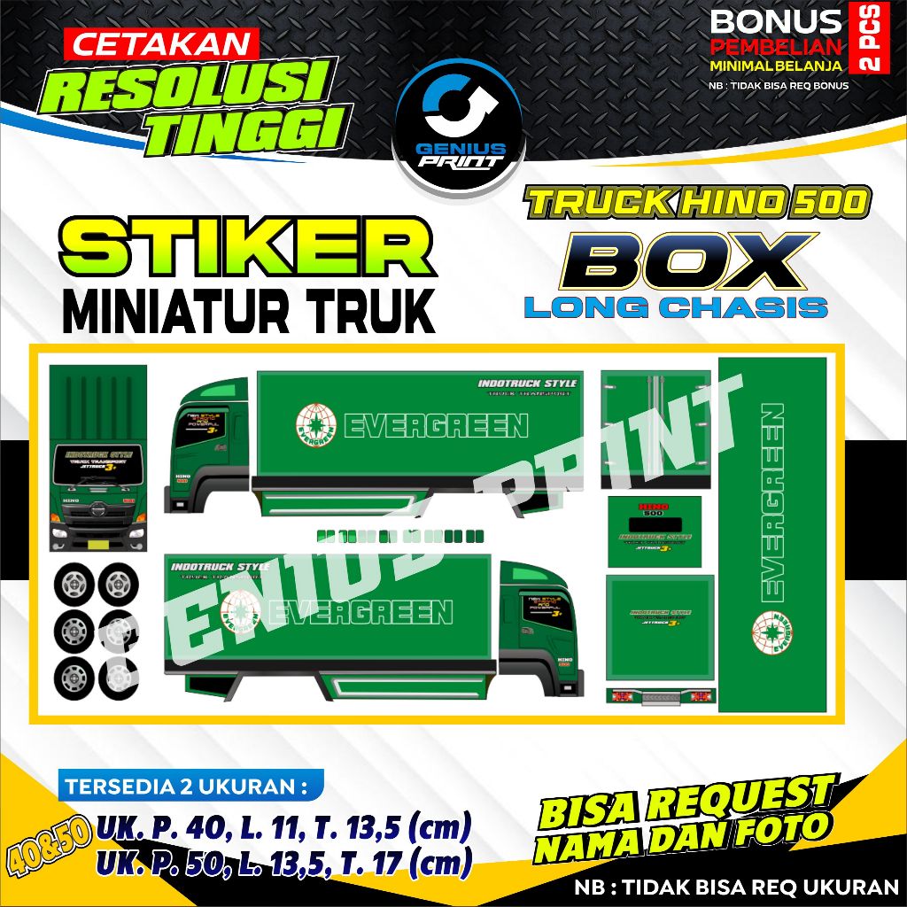 STIKER MINIATUR TRUK HINO 500 TIPE BOX LONG CHASIS UK. 40&50cm