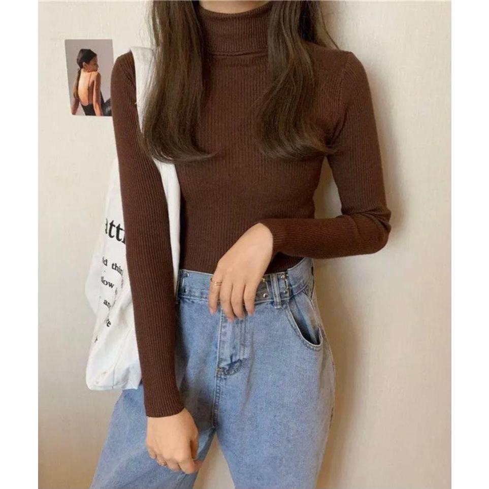 KAOS TURTLENECK LENGAN PANJANG WANITA / KAOS CEWEK BAHAN RAJUT/RIB / KAOS RAJUT PREMIUM LEHER TINGGI