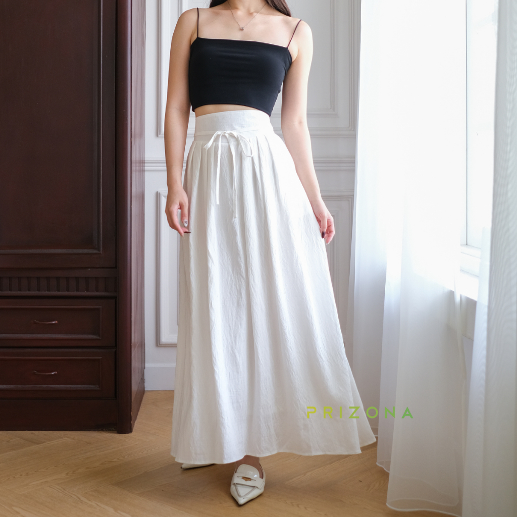 Prizona Panjang Wanita Rok Linen Panjang Wanita Basic Maxi | Rok Korea dengan Saku dan Tali Serut | 