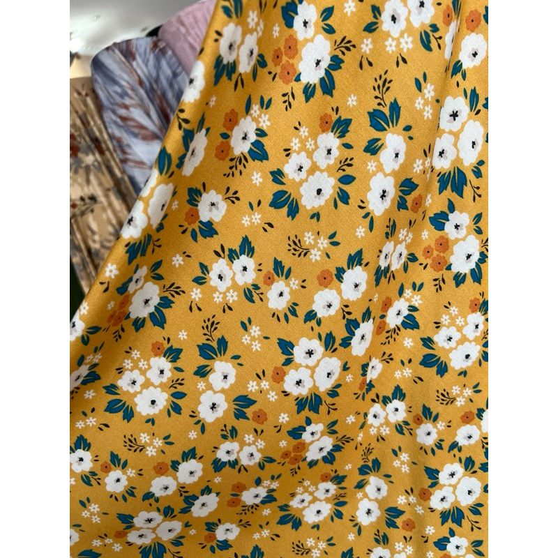 kain katun rayon viscose premium motif bunga kecil kuning terbaru best seller viral