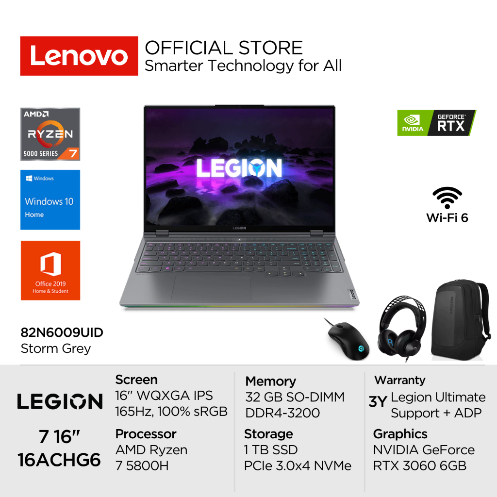 Lenovo Legion 7 16ACHg6 9UID AMD Ryzen 7 5800H Win10 32GB 1TB SSD 16" WQXGA 165Hz 100% sRGB NVIDIA R